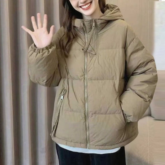 Itsame Women Puffer Jackets Hood Winter Coats Pocket Solid Color Casual Zipper Cotton for Women Waterproof Jacket Brown Size 2XL