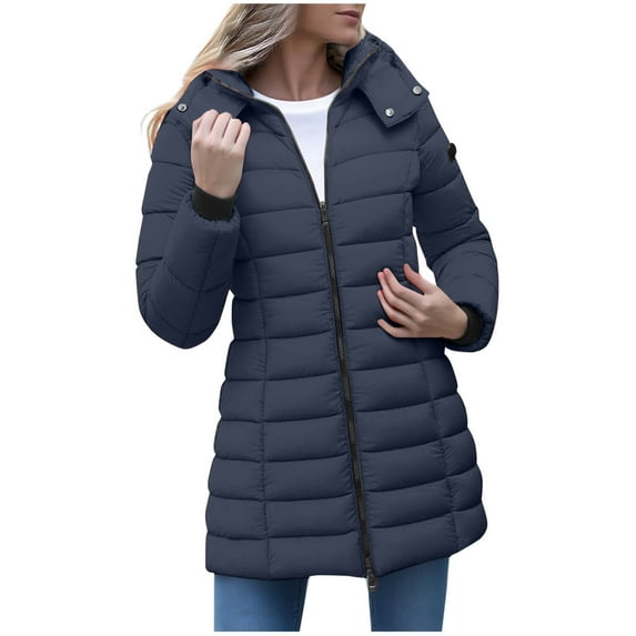 Itsame Women Puffer Jackets Hood Winter Coats Pocket Solid Color Casual Zipper Cotton for Women Waterproof Jacket Navy Size XL