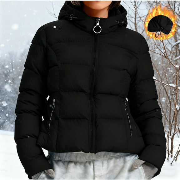 Itsame Women Puffer Jackets Hood Winter Coats Solid Color Casual Zipper Cotton for Women Waterproof Jacket Black Size S