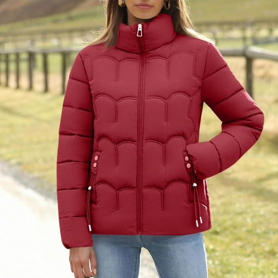 Itsame Women Puffer Jackets Winter Coats Solid Color Casual Zipper Cotton for Women Waterproof Jacket Red Size XL