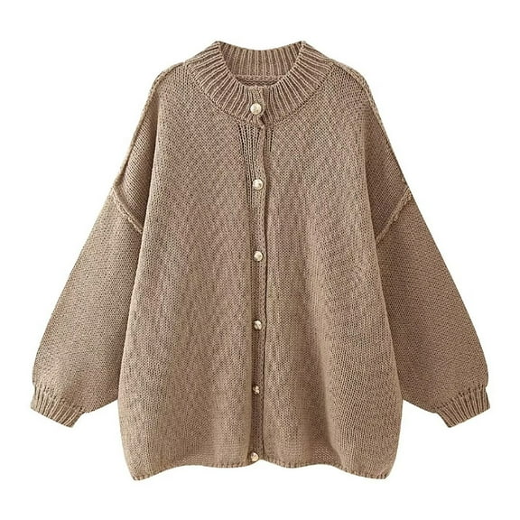 Itsame Women Pullover Sweaters Loose Crew Neck Sweater Long Sleeve New Solid Color Casual Relaxed Button Sweatertop Khaki Size S