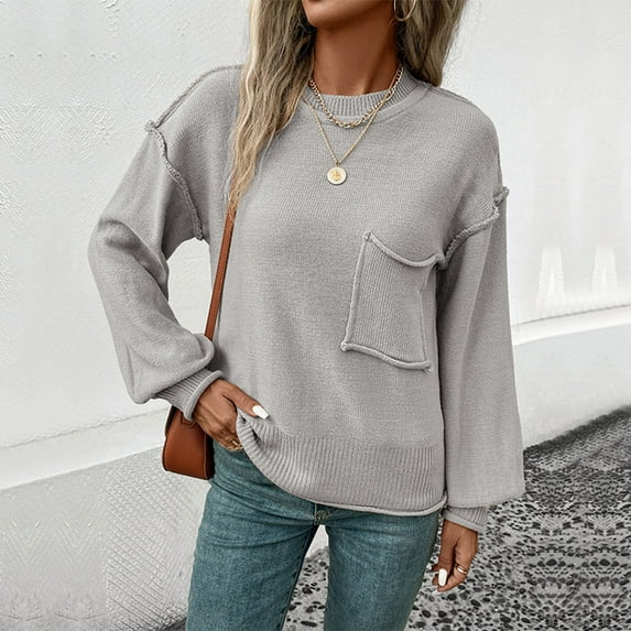 Itsame Women Pullover Sweaters Loose Crew Neck Sweater Long Sleeve Pocket Solid Color Sweatertop Gray Size M