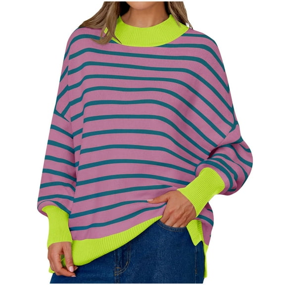 Itsame Women Pullover Sweaters Loose Crew Neck Sweater Long Sleeve Relaxed Stripe Stripe Sweatertop Purple Size S