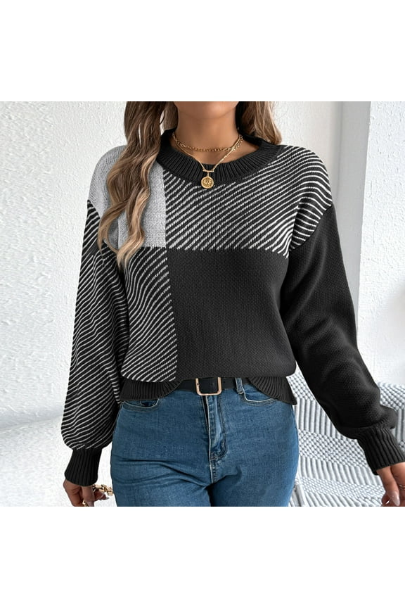 Women Pullover Sweaters Loose Crew Neck Sweater Long Sleeve Sweatertop Black Size L