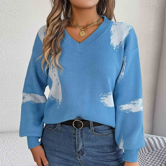 Itsame Women Pullover Sweaters Loose V-Neck Sweater Long Sleeve Printed Casual Sweatertop Sky Blue Size M