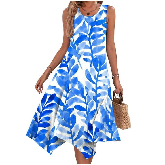 Itsame Women Summer Dress Pocket Round Neck Thin Dress Blue Size 2XL