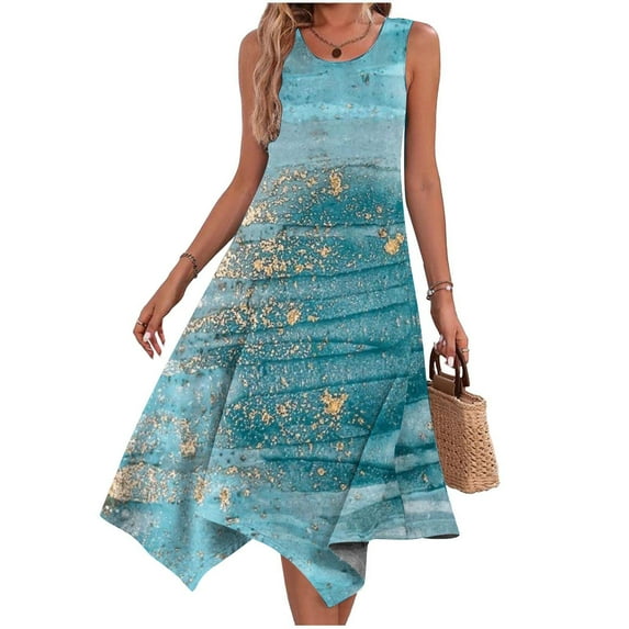 Itsame Women Summer Dress Pocket Round Neck Thin Dress Blue Size L