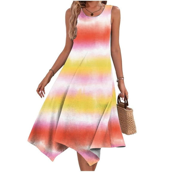 Itsame Women Summer Dress Pocket Round Neck Thin Dress Orange Size S