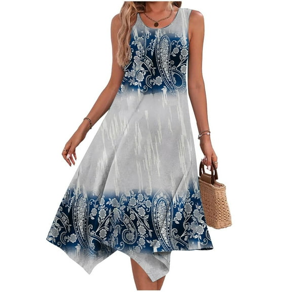 Itsame Women Summer Dress Pocket Round Neck V-neck Thin Dress Blue Size XL