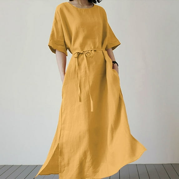 Itsame Women Summer Dress Pocket Solid Color Round Neck Cotton Thin Dress Yellow Size L
