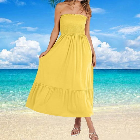 Itsame Women Summer Dress Pocket Solid Color Thin Dress Yellow Size M
