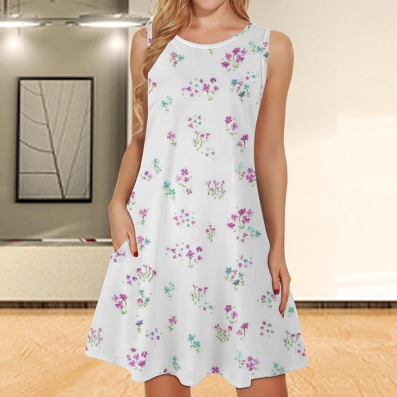 Itsame Women Summer Dress Printed Round Neck Round Neck Thin Dress Pink Size M