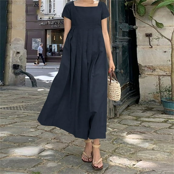 Itsame Women Summer Dress Solid Color Cotton Thin Dress Navy Size XL