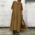 thumbnail image 1 of Itsame Women Summer Dress Solid Color Loose V-neck Button Cotton Thin Dress Khaki Size XL, 1 of 7