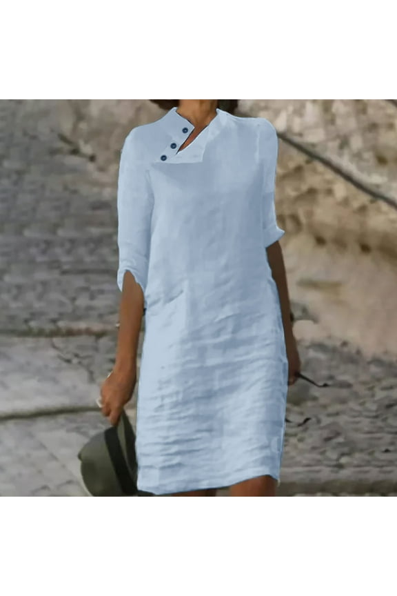 Women Summer Dress Solid Color Round Neck Button Cotton Thin Dress Light Blue Size S