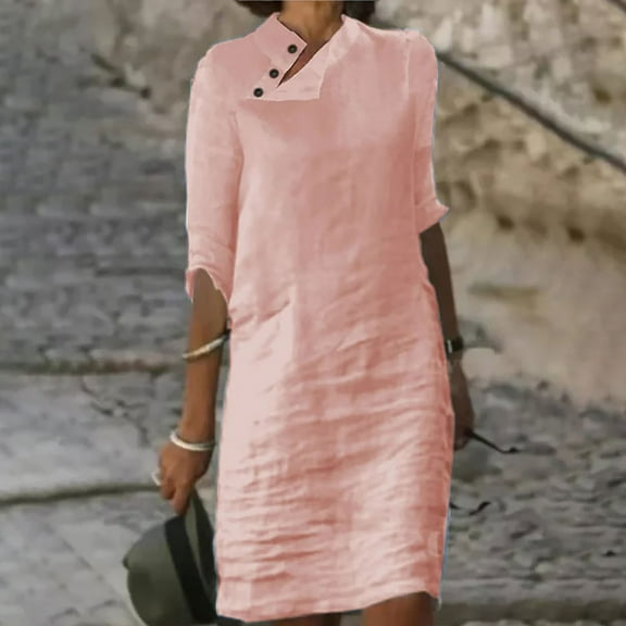 Itsame Women Summer Dress Solid Color Round Neck Button Cotton Thin Dress Pink Size M