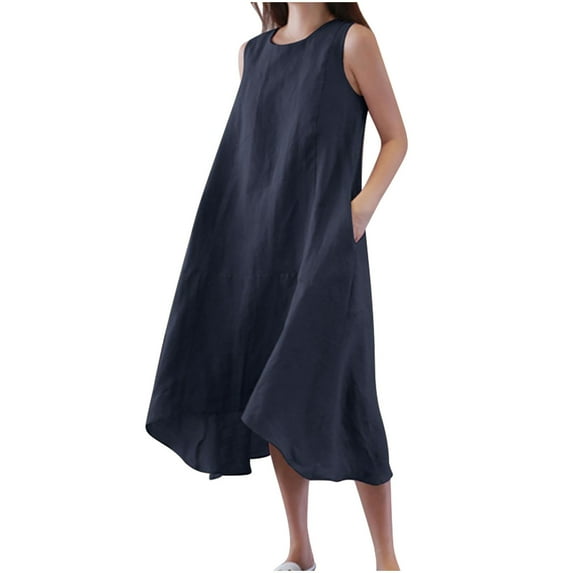 Itsame Women Summer Dress Solid Color Round Neck Cotton Thin Dress Navy Size XL