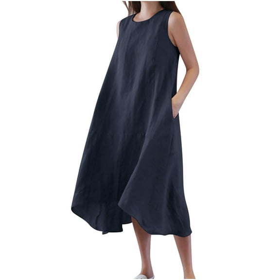 Itsame Women Summer Dress Solid Color Round Neck Cotton Thin Dress Navy Size XL