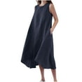 thumbnail image 1 of Itsame Women Summer Dress Solid Color Round Neck Round Neck Cotton Thin Dress Navy Size M, 1 of 5