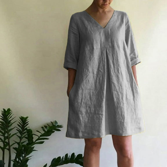 Itsame Women Summer Dress Solid Color V-neck Cotton Thin Dress Gray Size M