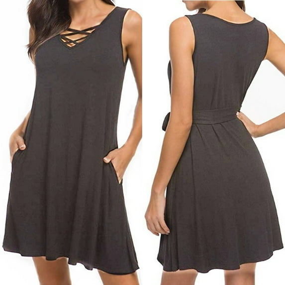 Itsame Women Summer Dress Solid Color V-neck Thin Dress Dark Gray Size M
