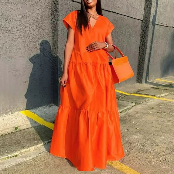 Itsame Women Summer Dress Solid Color V-neck Thin Dress Orange Size L