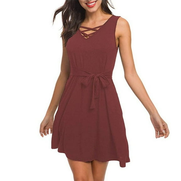 Itsame Women Summer Dress Solid Color V-neck Thin Dress Red Size L