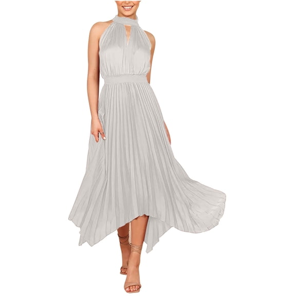 Itsame Women Summer Dress Solid Color V-neck Thin Dress Silver Size S