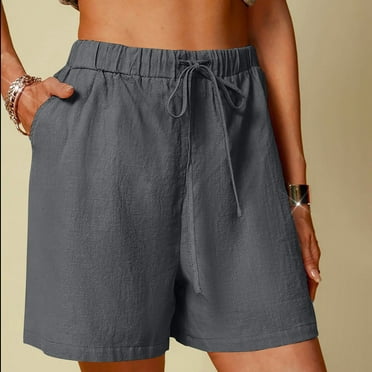 Itsame Women's Cotton Linen Shorts, Solid Color Comfy Elastic Wide Leg Casual Shorts Gray