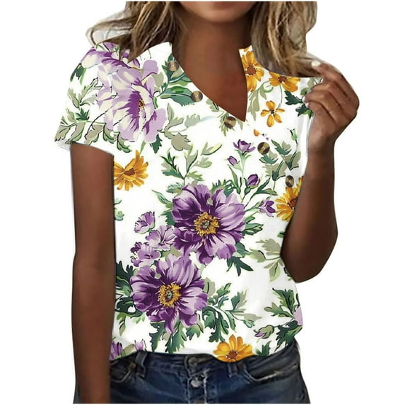 Itsame Women's T-shirt, Short Sleeve Button-up V Neck Fashion Prints Casual Summer Tops White