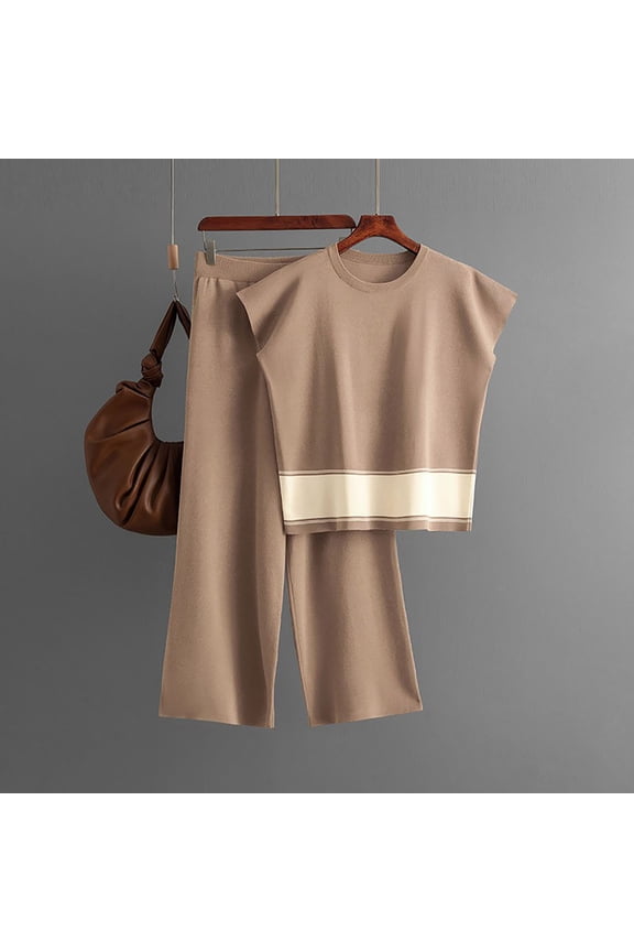 Womens 2 Piece Outfits, Loose Sleeveless Tops Wide Leg Pants Casual Sets Khaki Free Size