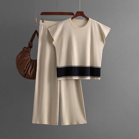 Itsame Womens 2 Piece Outfits, Sleeveless Tops Wide Leg Pants Loose Casual Sets Beige Free Size