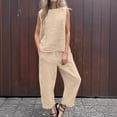 thumbnail image 1 of Itsame Womens 2 Piece Sets, Crewneck Sleeveless Tops Pants Cotton Linen Outfits Khaki 5XL, 1 of 6