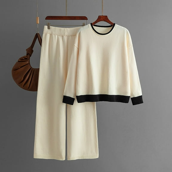 Itsame Womens 2 Piece Sets, Long Sleeve Knitted Tops Long Pants Sweater Outfits Beige Free Size