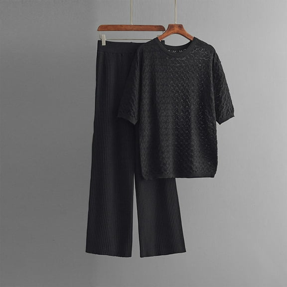 Itsame Womens 2 Piece Sets, Long Sleeve Knitted Tops Long Pants Sweater Outfits Black Free Size