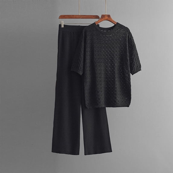 Itsame Womens 2 Piece Sets, Long Sleeve Knitted Tops Long Pants Sweater Outfits Black Free Size