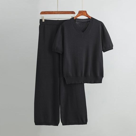 Itsame Womens 2 Piece Sets, Long Sleeve Knitted Tops Long Pants Sweater Outfits Black Free Size