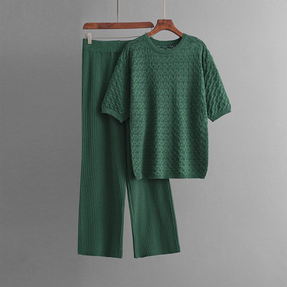 Itsame Womens 2 Piece Sets, Long Sleeve Knitted Tops Long Pants Sweater Outfits Green Free Size