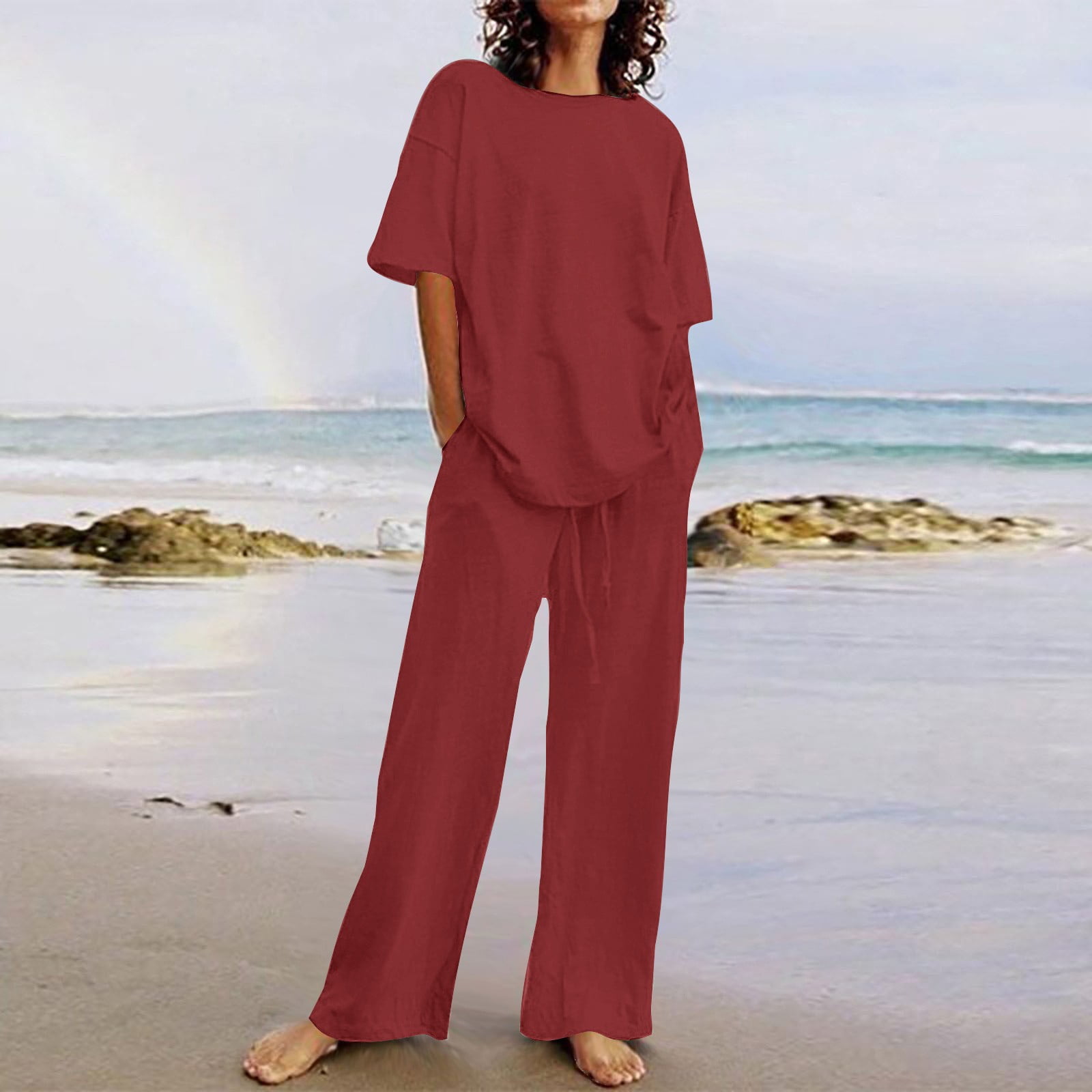 Double Take Full Size Round Neck Slit Top and Pants Set