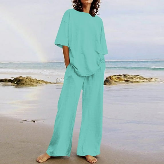 Itsame Womens 2 Piece Sets, Short Sleeve Tops Loose Straight Tube With Pocket Pants Casual Outfits Light Blue L