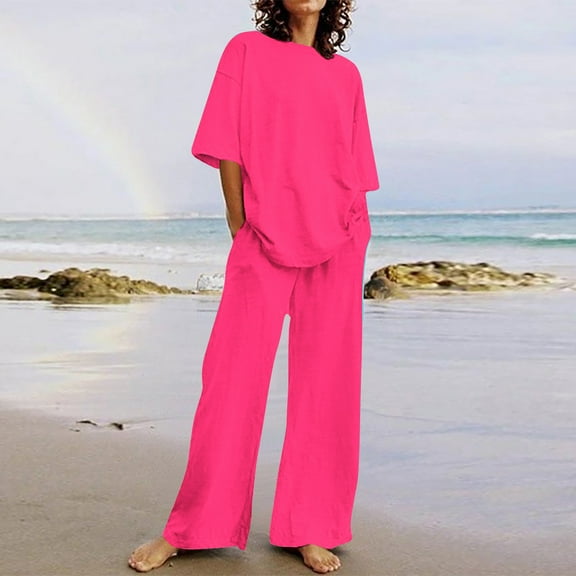 Itsame Womens 2 Piece Sets, Short Sleeve Tops Loose Straight Tube With Pocket Pants Casual Outfits Pink 2XL