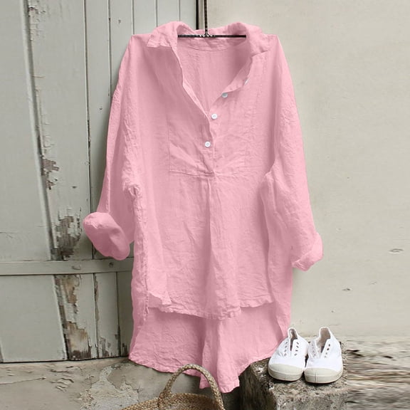 Itsame Womens Button Down Shirts, Loose Classic Solid Color Long Sleeve Cotton Linen Casual Tees Pink M