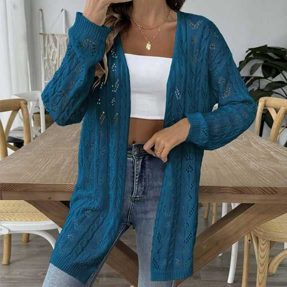Itsame Womens Cardigan, Casual Hollow Out Solid Color Thin Loose Coats Blue Free Size
