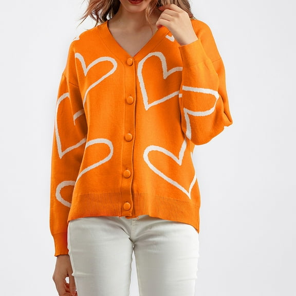 Itsame Womens Cardigan, Classic Knit Long Sleeve Prints Cardigan Sweater with Pockets Orange Free Size