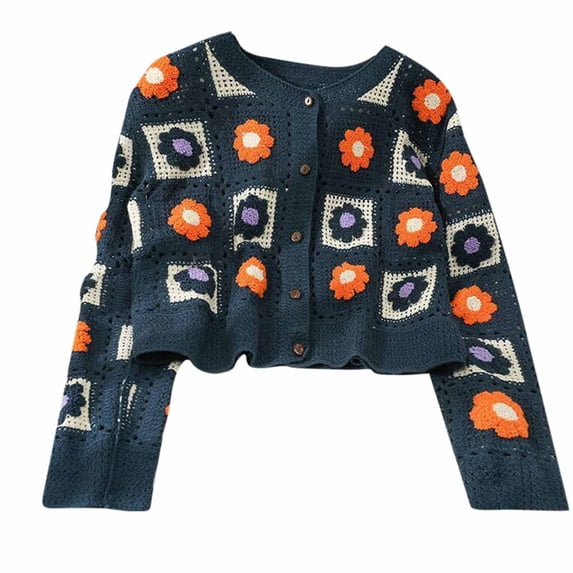 Itsame Womens Cardigan, Fashion Prints Long Sleeve Thin Loose Crop Coats Navy Free Size