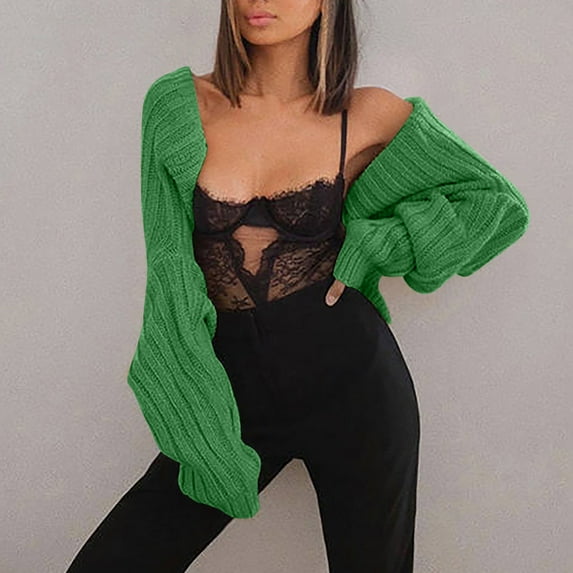 Itsame Womens Cardigan, Solid Color Sexy Super Short Open Front Sweater Coat Green L