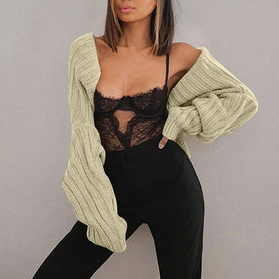 Itsame Womens Cardigan, Super Short Solid Color Sexy Open Front Sweater Coat Beige XL