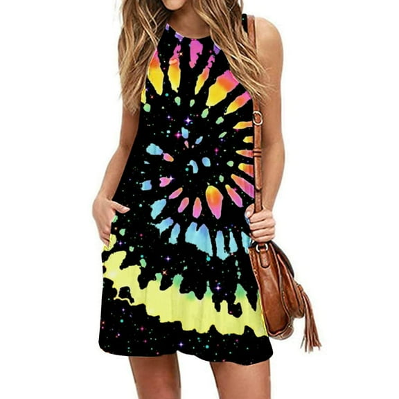 Itsame Womens Casual Dresses Pocket Printed Round Neck Thin Dress Black Size S