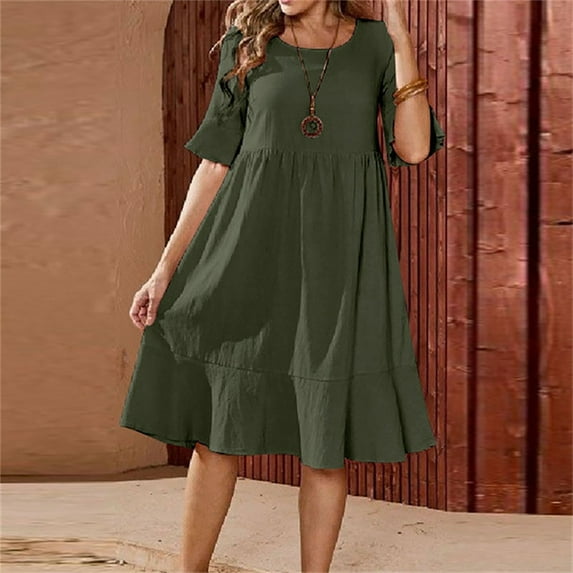 Itsame Womens Casual Dresses Solid Color Round Neck Loose Cotton Thin Dress Army Green Size XL