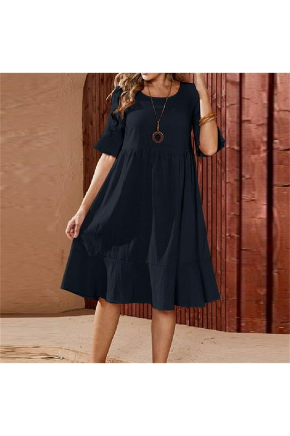 Womens Casual Dresses Solid Color Round Neck Loose Cotton Thin Dress Navy Size L